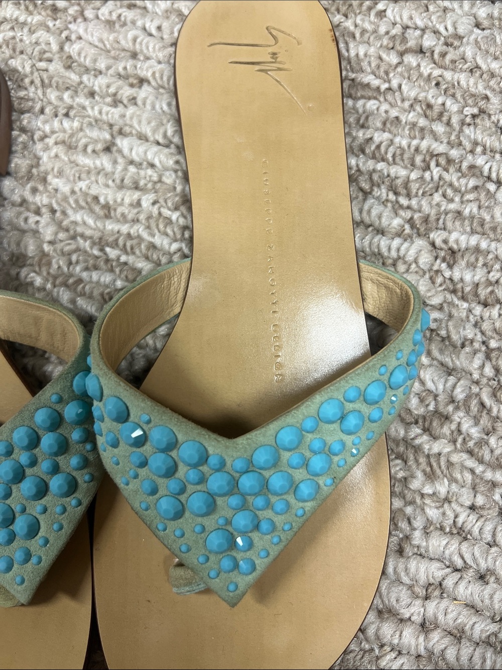 Giuseppe Zanotti Turquoise Jeweled Suede Thong Sandals